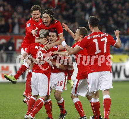 Fussball WM Qualifikationsspiel. Oessterreich gegen Rumaenien. Torjubel (Oesterreich). Hypo Group Arena, Klagenfurt, am 1.4. 2009.
Foto: Kuess

---
pressefotos, pressefotografie, kuess, qs, qspictures, sport, bild, bilder, bilddatenbank