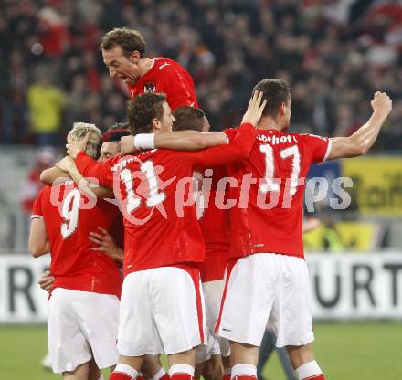 Fussball WM Qualifikationsspiel. Oessterreich gegen Rumaenien. Torjubel  (Oesterreich). Hypo Group Arena, Klagenfurt, am 1.4. 2009.
Foto: Kuess

---
pressefotos, pressefotografie, kuess, qs, qspictures, sport, bild, bilder, bilddatenbank