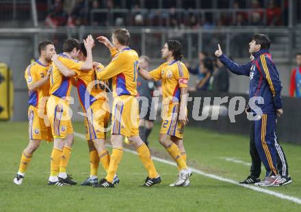 Fussball WM Qualifikationsspiel. Oessterreich gegen Rumaenien. Torjubel Rumaenien. Hypo Group Arena, Klagenfurt, am 1.4. 2009.
Foto: Kuess

---
pressefotos, pressefotografie, kuess, qs, qspictures, sport, bild, bilder, bilddatenbank