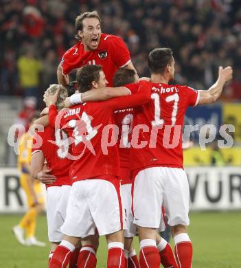 Fussball WM Qualifikationsspiel. Oessterreich gegen Rumaenien. Torjubel. Hypo Group Arena, Klagenfurt, am 1.4. 2009.
Foto: Kuess

---
pressefotos, pressefotografie, kuess, qs, qspictures, sport, bild, bilder, bilddatenbank