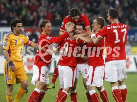 Fussball WM Qualifikationsspiel. Oessterreich gegen Rumaenien. Torjubel (Oesterreich). Hypo Group Arena, Klagenfurt, am 1.4. 2009.
Foto: Kuess

---
pressefotos, pressefotografie, kuess, qs, qspictures, sport, bild, bilder, bilddatenbank