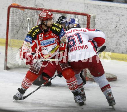 EBEL. Eishockey Bundesliga. EC Red Bull Salzburg gegen  KAC. HARAND Christoph (KAC), TRATTNIG Matthias (Salzburg). Salzburg, am 2.4.2009.
Foto: Kuess 

---
pressefotos, pressefotografie, kuess, qs, qspictures, sport, bild, bilder, bilddatenbank