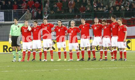 Fussball WM Qualifikationsspiel. Oesterreich gegen Rumaenien. Michael Gspurnig, Marko Arnautovic, Franz Schiemer, Sebastian Proedl, Yasin Pehlivan, Erwin Hoffer, Emanuel Pogatetz, Paul Scharner, Manuel Ortlechner, Stefan Maierhofer, Daniel Beichler (Oesterreich). Hypo Group Arena, Klagenfurt, am 1.4. 2009.
Foto: Kuess

---
pressefotos, pressefotografie, kuess, qs, qspictures, sport, bild, bilder, bilddatenbank