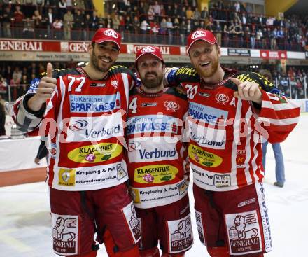 EBEL. Eishockey Bundesliga. KAC gegen EC Salzburg. Jubel Meister KAC, BROWN Sean, SCHNEIDER Andrew, CRAIG Michael. Klagenfurt, am 5.4.2009.
Foto: Kuess 

---
pressefotos, pressefotografie, kuess, qs, qspictures, sport, bild, bilder, bilddatenbank