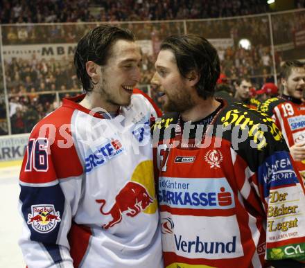 EBEL. Eishockey Bundesliga. KAC gegen EC Salzburg. Jubel Meister KAC. HARAND Christoph (KAC), HARAND Patrick (Salzburg). Klagenfurt, am 5.4.2009.
Foto: Kuess 

---
pressefotos, pressefotografie, kuess, qs, qspictures, sport, bild, bilder, bilddatenbank