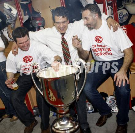 EBEL. Eishockey Bundesliga. KAC gegen EC Salzburg. Jubel Meister KAC. Co-Trainer Mario Schaden, Trainer Many Viveiros, Co-Trainer Gerald Ressmann.  Klagenfurt, am 5.4.2009.
Foto: Kuess 

---
pressefotos, pressefotografie, kuess, qs, qspictures, sport, bild, bilder, bilddatenbank