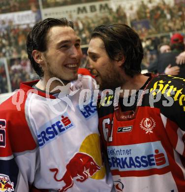 EBEL. Eishockey Bundesliga. KAC gegen EC Salzburg. Jubel Meister KAC, HARAND Christoph (KAC), HARAND Patrick (Salzburg). Klagenfurt, am 5.4.2009.
Foto: Kuess 

---
pressefotos, pressefotografie, kuess, qs, qspictures, sport, bild, bilder, bilddatenbank