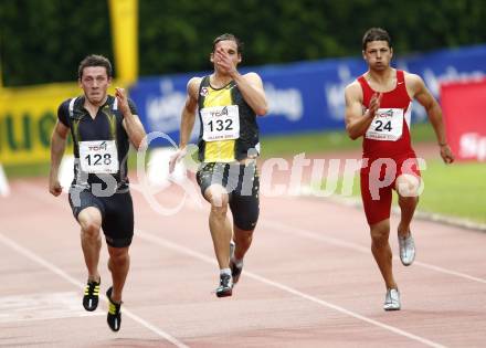 Leichtathletik. Austrian Top4Meeting. 100 Meter Maenner. Roland Kwitt (AUT), Benjamin Grill (AUT), Alexander Schirasi-Fard  (AUT). Villach, am 27.6.2009.
Foto: Kuess
---
pressefotos, pressefotografie, kuess, qs, qspictures, sport, bild, bilder, bilddatenbank