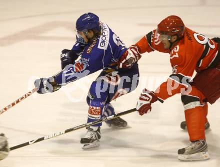 EBEL. Eishockey Bundesliga. Testspiel. Acroni Jesenice gegen EC VSV.  Andreas Kristler (VSV), Sabahudin Kovacevic  (Jesenice). Jesenice, 16. 9. 2009.
Foto: Kuess 

---
pressefotos, pressefotografie, kuess, qs, qspictures, sport, bild, bilder, bilddatenbank