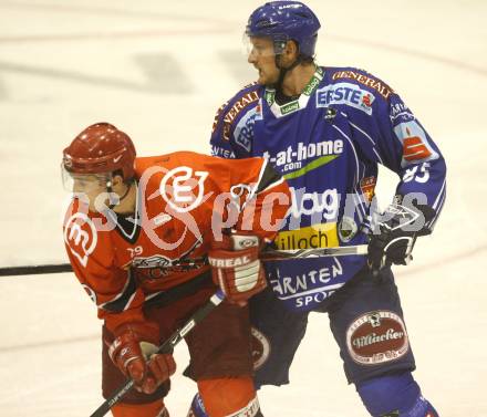 EBEL. Eishockey Bundesliga. Testspiel. Acroni Jesenice gegen EC VSV. Philipp Pinter (VSV), Aleksander Magovac (Jesenice). Jesenice, 16. 9. 2009.
Foto: Kuess 

---
pressefotos, pressefotografie, kuess, qs, qspictures, sport, bild, bilder, bilddatenbank