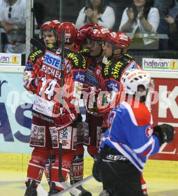 Eishockey Bundesliga. Testspiel KAC gegen Nuernberger Ice Tigers. Torjubel (KAC). Klagenfurt, am 20.8.2009.
Foto: Kuess
---
pressefotos, pressefotografie, kuess, qs, qspictures, sport, bild, bilder, bilddatenbank