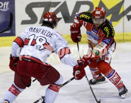 EBEL. Eishockey Bundesliga. Testspiel KAC gegen Jesenice. Gregor Hager, (KAC), Marjan Manfreda (Jesenice). Klagenfurt, am 4.9.2009.
Foto: Kuess

---
pressefotos, pressefotografie, kuess, qs, qspictures, sport, bild, bilder, bilddatenbank