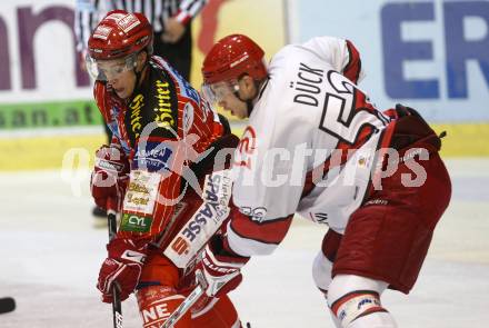 EBEL. Eishockey Bundesliga. Testspiel KAC gegen Jesenice. Thomas Hundertpfund, Alexander Dueck (KAC), Marijan Manfreda (Jesenice). Klagenfurt, am 4.9.2009.
Foto: Kuess

---
pressefotos, pressefotografie, kuess, qs, qspictures, sport, bild, bilder, bilddatenbank