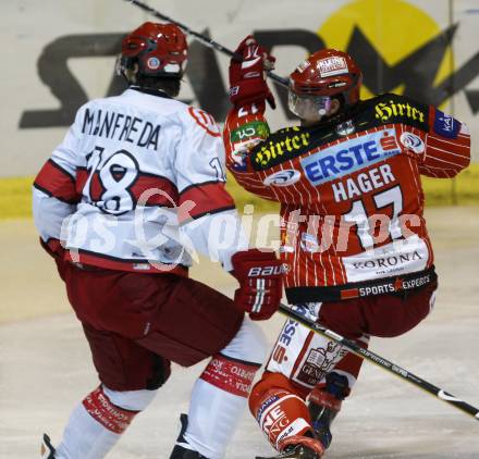 EBEL. Eishockey Bundesliga. Testspiel KAC gegen Jesenice. Gregor Hager (KAC), Marjan Manfreda (Jesenice). Klagenfurt, am 4.9.2009.
Foto: Kuess

---
pressefotos, pressefotografie, kuess, qs, qspictures, sport, bild, bilder, bilddatenbank