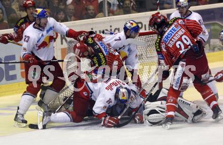EBEL. Eishockey Bundesliga. KAC gegen EC Red Bull Salzburg. Mike Craig, Christoph Brandner,  (KAC), Michael Siklenka, Kelsey Wilson,  (Salzburg). Klagenfurt, am 10.9.2009.
Foto: Kuess

---
pressefotos, pressefotografie, kuess, qs, qspictures, sport, bild, bilder, bilddatenbank