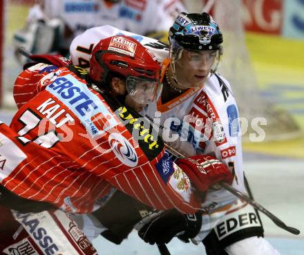 EBEL. Eishockey Bundesliga. KAC gegen EHC LIWEST Linz.  KALT Dieter (KAC), OBERKOFLER Daniel (Linz). Klagenfurt, am 17.9.2009.
Foto: Kuess

---
pressefotos, pressefotografie, kuess, qs, qspictures, sport, bild, bilder, bilddatenbank