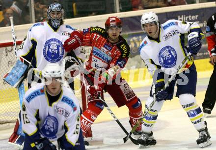 EBEL. Eishockey Bundesliga. KAC gegen KHL Medvescak Zagreb. Gregor Hager,  (KAC), Robert Kristan, Andy Sertich, Conrad Martin (Zagreb). Klagenfurt, am 25.9.2009.
Foto: Kuess 

---
pressefotos, pressefotografie, kuess, qs, qspictures, sport, bild, bilder, bilddatenbank