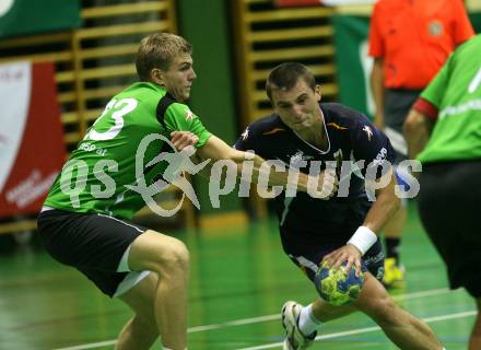 Handball. Bundesliga. HCK gegen SC Ferlach. Anton Hribernig  (HCK), Ales Krze (Ferlach).
Viktring, 19.9.2009.
Foto: Kuess
---
pressefotos, pressefotografie, kuess, qs, qspictures, sport, bild, bilder, bilddatenbank