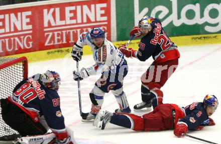 EBEL. Eishockey Bundesliga. VSV gegen EC Red Bull Salzburg. Roland Kaspitz, (VSV), David Leneveu, Daniel Welser, Robert Lembacher (Salzburg). Villach, am 29.9.2009.
Foto: Kuess 


---
pressefotos, pressefotografie, kuess, qs, qspictures, sport, bild, bilder, bilddatenbank