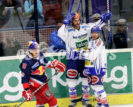 EBEL. Eishockey Bundesliga. VSV gegen EC Red Bull Salzburg. Torjubel Kiel Mc Leod, Roland Kaspitz (VSV). Villach, am 29.9.2009.
Foto: Kuess 


---
pressefotos, pressefotografie, kuess, qs, qspictures, sport, bild, bilder, bilddatenbank