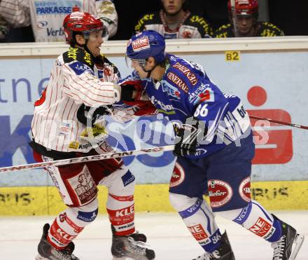 EBEL. Eishockey Bundesliga. EC Pasut VSV gegen KAC.  Jonathan Ferland, (VSV), Kirk Furey (KAC). Villach, am 11.10.2009.
Foto: Kuess 


---
pressefotos, pressefotografie, kuess, qs, qspictures, sport, bild, bilder, bilddatenbank