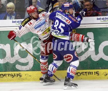 EBEL. Eishockey Bundesliga. EC Pasut VSV gegen KAC.  Philipp Pinter, (VSV), Johannes Reichel (KAC). Villach, am 11.10.2009.
Foto: Kuess 


---
pressefotos, pressefotografie, kuess, qs, qspictures, sport, bild, bilder, bilddatenbank