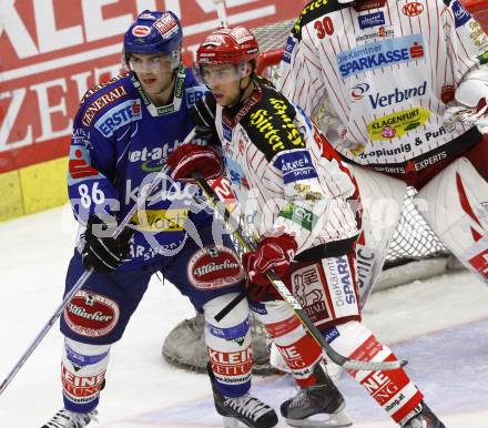 EBEL. Eishockey Bundesliga. EC Pasut VSV gegen KAC.  Jonathan Ferland, (VSV), Johannes Reichel (KAC). Villach, am 11.10.2009.
Foto: Kuess 


---
pressefotos, pressefotografie, kuess, qs, qspictures, sport, bild, bilder, bilddatenbank