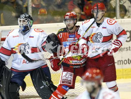 EBEL. Eishockey Bundesliga. KAC gegen HK Acroni Jesenice.  Gregor Hager, (KAC), Dov Grumet-Morris, Sabahudin Kovacevic (Jesenice). Klagenfurt, am 13.10.2009.
Foto: Kuess 

---
pressefotos, pressefotografie, kuess, qs, qspictures, sport, bild, bilder, bilddatenbank