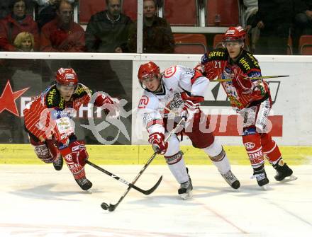 EBEL. Eishockey Bundesliga. KAC gegen HK Acroni Jesenice. Stefan Geier, Manuel Geier, (KAC), Ziga Jeglic  (Jesenice). Klagenfurt, am 13.10.2009.
Foto: Nadja Kuess 

---
pressefotos, pressefotografie, kuess, qs, qspictures, sport, bild, bilder, bilddatenbank