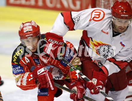 EBEL. Eishockey Bundesliga. KAC gegen HK Acroni Jesenice.  Johannes Reichel, (KAC), Tomaz Razingar (Jesenice). Klagenfurt, am 13.10.2009.
Foto: Kuess 

---
pressefotos, pressefotografie, kuess, qs, qspictures, sport, bild, bilder, bilddatenbank