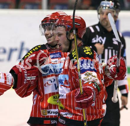 EBEL. Eishockey Bundesliga. KAC gegen Alba Volan SAPA Fehervar AV19.  Torjubel Johannes Kirisits, Kirk Furey (KAC). Klagenfurt, am 23.10.2009.
Foto: Kuess 

---
pressefotos, pressefotografie, kuess, qs, qspictures, sport, bild, bilder, bilddatenbank