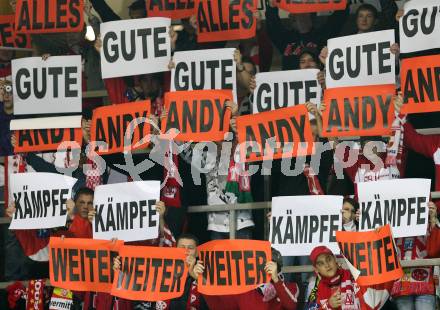 EBEL. Eishockey Bundesliga. KAC gegen Alba Volan SAPA Fehervar AV19.  Genesungswuensche fuer Andrew Schneider. Klagenfurt, am 23.10.2009.
Foto: Kuess 

---
pressefotos, pressefotografie, kuess, qs, qspictures, sport, bild, bilder, bilddatenbank