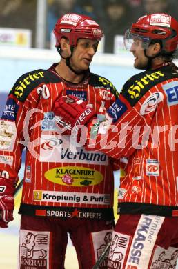 EBEL. Eishockey Bundesliga. KAC gegen Alba Volan SAPA Fehervar AV19.  Torjubel Mike Craig, Gegor Hager (KAC). Klagenfurt, am 23.10.2009.
Foto: Kuess 

---
pressefotos, pressefotografie, kuess, qs, qspictures, sport, bild, bilder, bilddatenbank