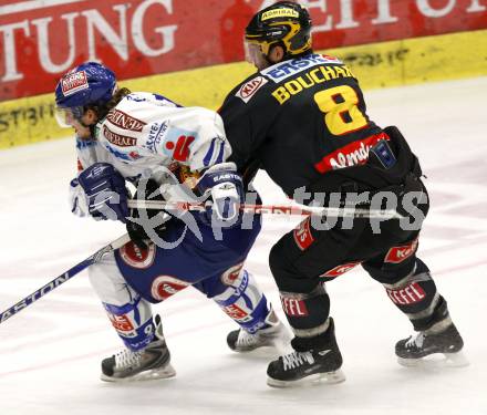 EBEL. Eishockey Bundesliga. EC Pasut VSV gegen Vienna Capitals.  Christian Ban, (VSV), Francois Bouchard (Caps). Villach, am 30.10.2009.
Foto: Kuess 


---
pressefotos, pressefotografie, kuess, qs, qspictures, sport, bild, bilder, bilddatenbank