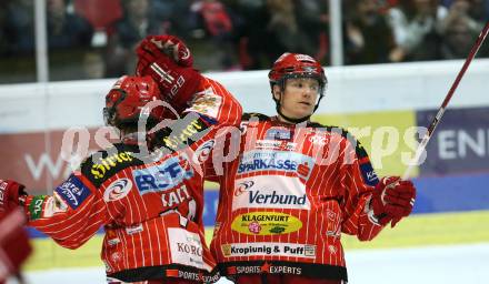 EBEL. Eishockey Bundesliga. KAC gegen Vienna Capitals. Torjubel Dieter Kalt, Kirk Furey (KAC). Klagenfurt, am 13.11.2009.
Foto: Kuess
---
pressefotos, pressefotografie, kuess, qs, qspictures, sport, bild, bilder, bilddatenbank