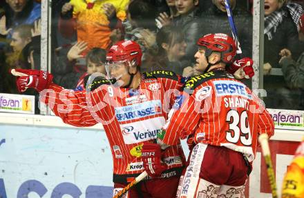 EBEL. Eishockey Bundesliga. KAC gegen Vienna Capitals. Torjubel Shawn Bates, Jeff Shantz (KAC). Klagenfurt, am 13.11.2009.
Foto: Kuess
---
pressefotos, pressefotografie, kuess, qs, qspictures, sport, bild, bilder, bilddatenbank