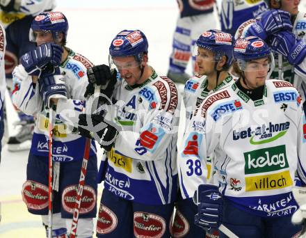 EBEL. Eishockey Bundesliga. EC Pasut VSV gegen Graz 99ers. Andreas Kristler, Mickey Elick, Philipp Pinter, Marco Zorec (VSV) enttaeuscht. Villach, am 17.11.2009.
Foto: Kuess 


---
pressefotos, pressefotografie, kuess, qs, qspictures, sport, bild, bilder, bilddatenbank