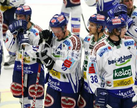 EBEL. Eishockey Bundesliga. EC Pasut VSV gegen Graz 99ers. Andreas Kristler, Mickey Elick, Philipp Pinter, Marco Zorec (VSV) enttaeuscht. Villach, am 17.11.2009.
Foto: Kuess 


---
pressefotos, pressefotografie, kuess, qs, qspictures, sport, bild, bilder, bilddatenbank