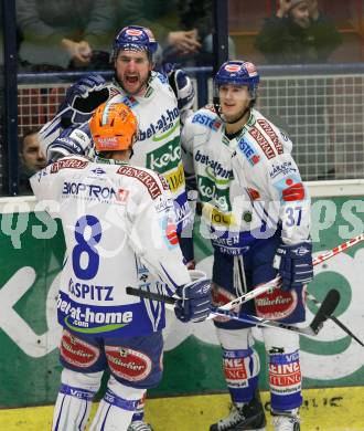 EBEL. Eishockey Bundesliga. EC Pasut VSV gegen Alba Volan SAPA Fehervar AV19. Torjubel MCLEOD Kiel, KASPITZ Roland, KRISTLER Andreas (VSV). Villach, am 27.11.2009.
Foto: Kuess 


---
pressefotos, pressefotografie, kuess, qs, qspictures, sport, bild, bilder, bilddatenbank