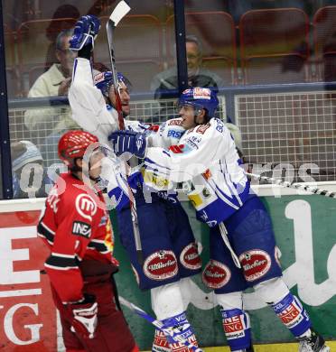 EBEL. Eishockey Bundesliga. EC Pasut VSV gegen HK Acroni Jesenice. Torjubel Kiel McLeod, Andreas Kristler (VSV). Villach, am 1.12.2009.
Foto: Kuess 


---
pressefotos, pressefotografie, kuess, qs, qspictures, sport, bild, bilder, bilddatenbank