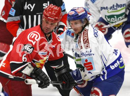 EBEL. Eishockey Bundesliga. EC Pasut VSV gegen HK Acroni Jesenice. Christian Ban (VSV), Todd Elik (Jesenice). Villach, am 1.12.2009.
Foto: Kuess 


---
pressefotos, pressefotografie, kuess, qs, qspictures, sport, bild, bilder, bilddatenbank