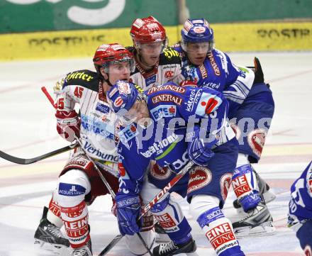 EBEL. Eishockey Bundesliga. EC Pasut VSV gegen KAC.  Mikael Wahlberg, Nico Toff (VSV), David Schuller, Johannes Kirisits (KAC). Villach, am 11.10.2009.
Foto: Kuess 


---
pressefotos, pressefotografie, kuess, qs, qspictures, sport, bild, bilder, bilddatenbank