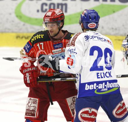 EBEL. Eishockey Bundesliga.  VSV gegen KAC. Mickey Elick (VSV), Gregor Hager (KAC). Villach, am 8.12.2009.
Foto: Kuess 


---
pressefotos, pressefotografie, kuess, qs, qspictures, sport, bild, bilder, bilddatenbank