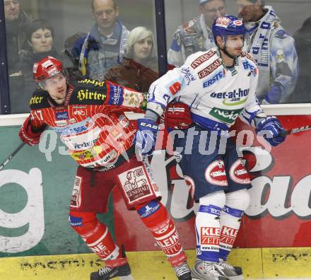 EBEL. Eishockey Bundesliga.  VSV gegen KAC. Jean Francois Fortin (VSV), Gregor Hager (KAC). Villach, am 8.12.2009.
Foto: Kuess 


---
pressefotos, pressefotografie, kuess, qs, qspictures, sport, bild, bilder, bilddatenbank