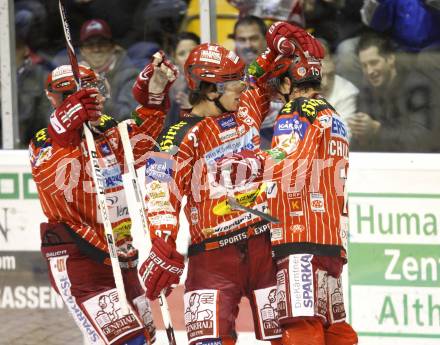 EBEL. Eishockey Bundesliga. EC KAC gegen KHLMedvescak Zagreb. Torjubel Markus Pirmann, Thomas Hundertpfund, Paul Schellander. Klagenfurt, am 11.12.2009.
Foto: Kuess
---
pressefotos, pressefotografie, kuess, qs, qspictures, sport, bild, bilder, bilddatenbank