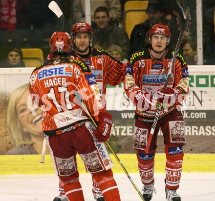 EBEL. Eishockey Bundesliga. KAC gegen Red Bull Salzburg.  Torjubel Jeffrey Tory, David Schuller, Gregor Hager (KAC). Klagenfurt, am 13.12.2009.
Foto: Kuess 

---
pressefotos, pressefotografie, kuess, qs, qspictures, sport, bild, bilder, bilddatenbank