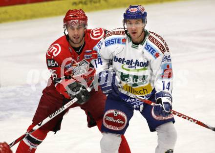 EBEL. Eishockey Bundesliga. EC Pasut VSV gegen HK Acroni Jesenice.  Robert Nathan Di Casmirro, (VSV), Sabahudin Kovacevic (Jesenice). Villach, am 3.1.2010.
Foto: Kuess 


---
pressefotos, pressefotografie, kuess, qs, qspictures, sport, bild, bilder, bilddatenbank