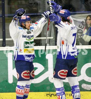 EBEL. Eishockey Bundesliga. EC Pasut VSV gegen HK Acroni Jesenice.  Torjubel Philipp Pinter, Kiel McLeod (VSV). Villach, am 3.1.2010.
Foto: Kuess 


---
pressefotos, pressefotografie, kuess, qs, qspictures, sport, bild, bilder, bilddatenbank