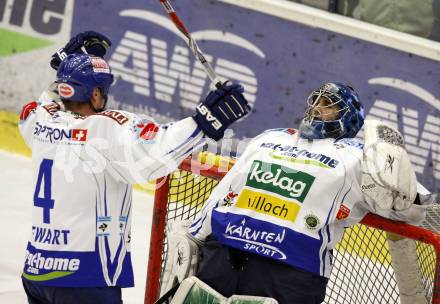 EBEL. Eishockey Bundesliga. EC Pasut VSV gegen HK Acroni Jesenice.  Jubel Mike Stewart, Bernhard Starkbaum (VSV). Villach, am 3.1.2010.
Foto: Kuess 


---
pressefotos, pressefotografie, kuess, qs, qspictures, sport, bild, bilder, bilddatenbank