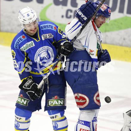 EBEL. Eishockey Bundesliga. EC Pasut VSV gegen KHL Medvescak Zagreb. Benjamin Petrik (VSV), Mike Prpich  (Zagreb). Villach, am 5.1.2010.
Foto: Kuess 


---
pressefotos, pressefotografie, kuess, qs, qspictures, sport, bild, bilder, bilddatenbank